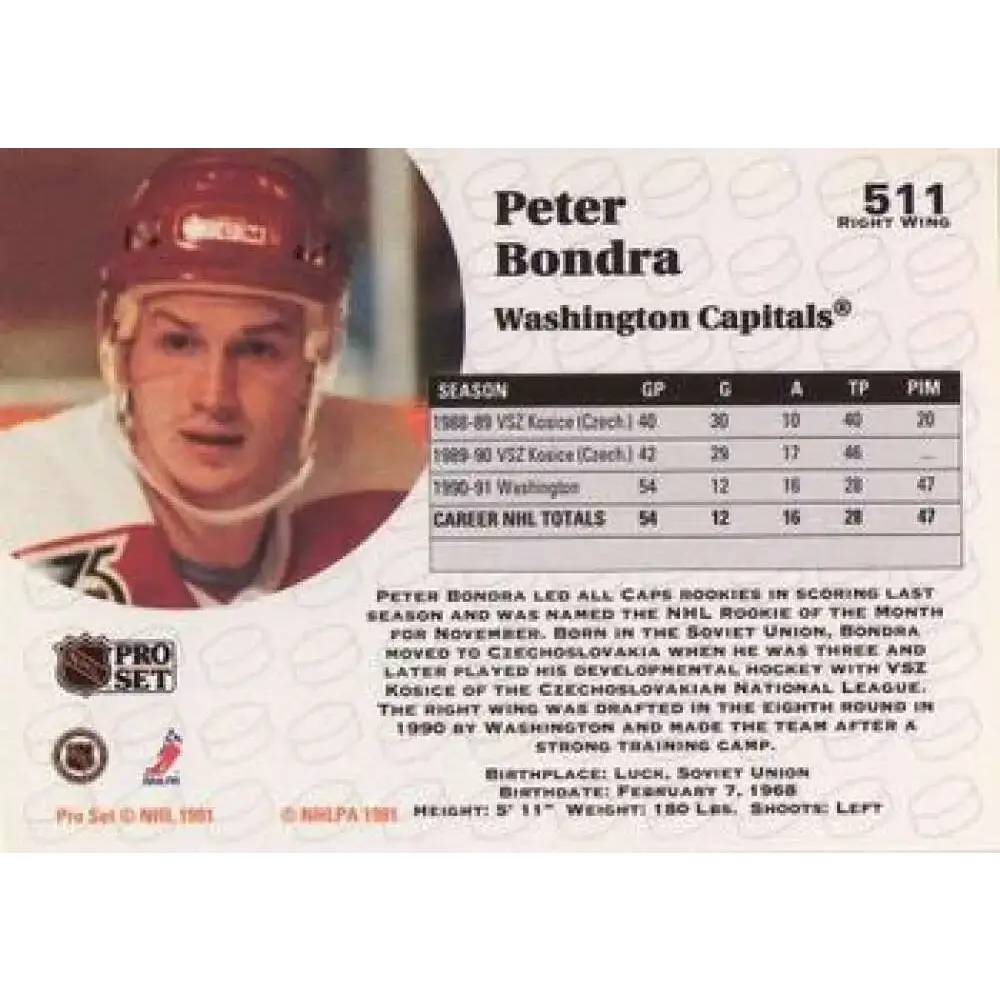 1991-92 Pro Set #511 Peter Bondra NM-MT Washington Capitals Hockey Card - Hockey Card Single