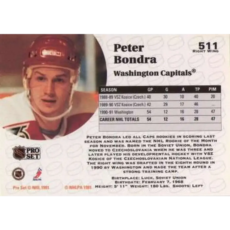 1991-92 Pro Set #511 Peter Bondra NM-MT Washington Capitals Hockey Card - Hockey Card Single