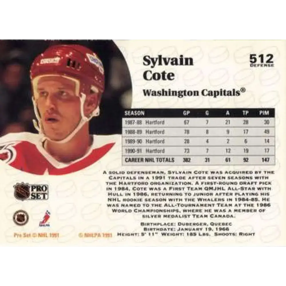 1991-92 Pro Set #512 Sylvain Cote NM-MT Washington Capitals Hockey Card - Hockey Card Single