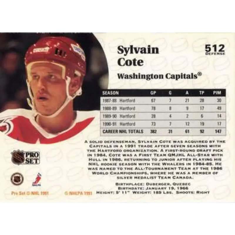 1991-92 Pro Set #512 Sylvain Cote NM-MT Washington Capitals Hockey Card - Hockey Card Single