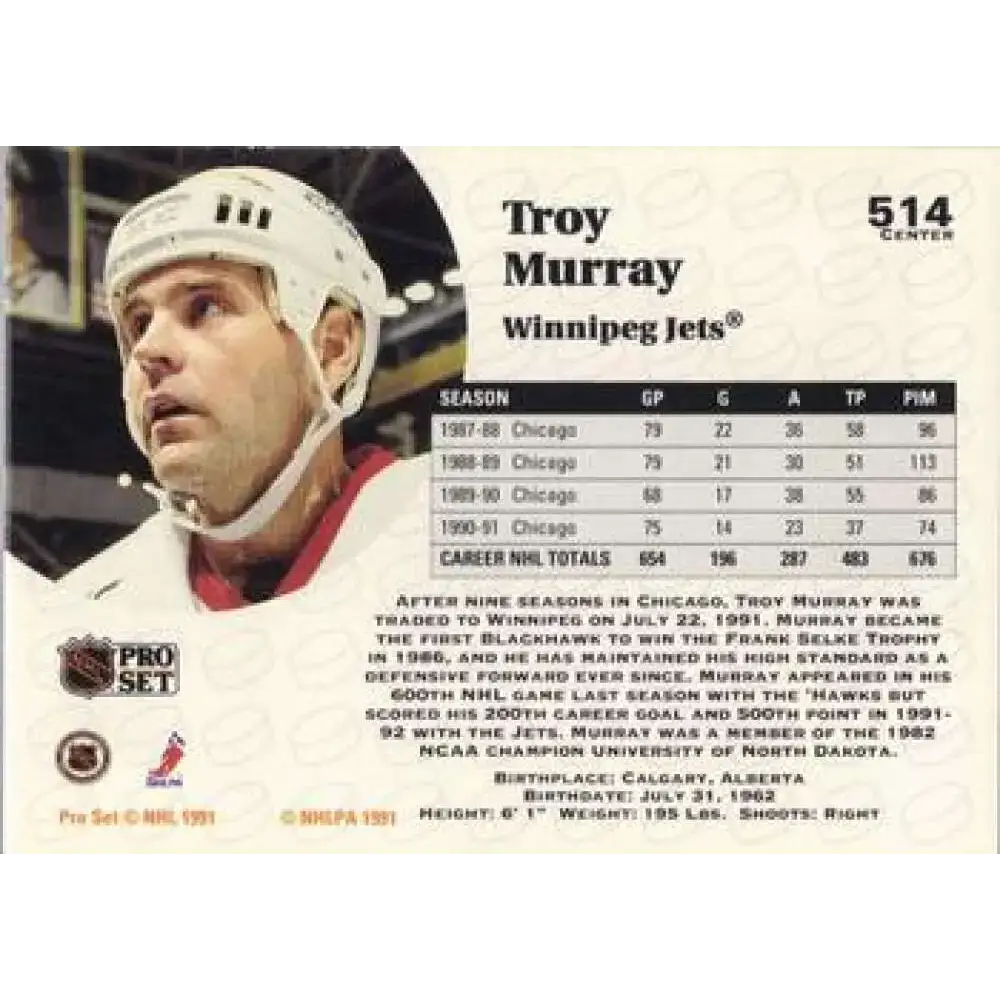 1991-92 Pro Set #514 Troy Murray NM-MT Winnipeg Jets Hockey Card - Hockey Card Single