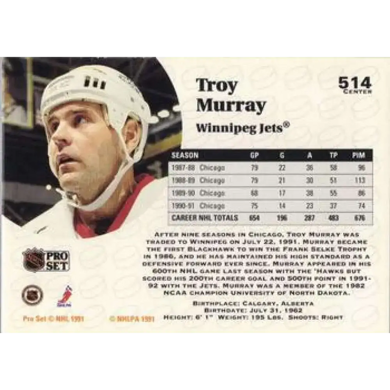 1991-92 Pro Set #514 Troy Murray NM-MT Winnipeg Jets Hockey Card - Hockey Card Single