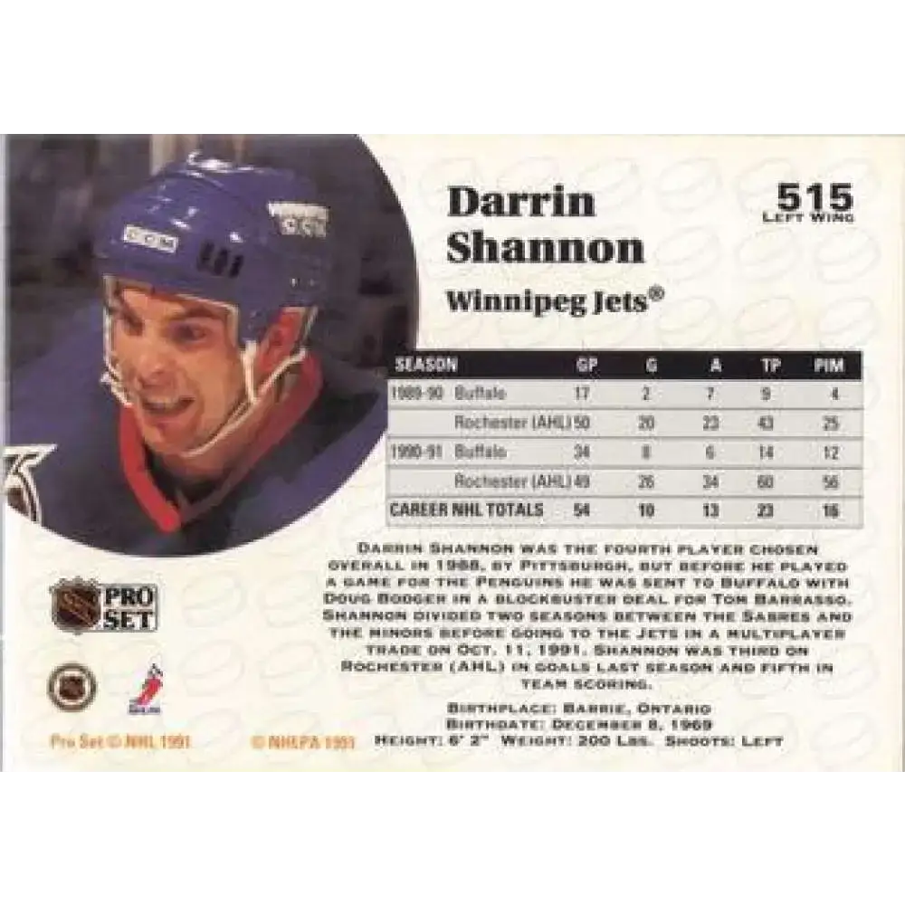 1991-92 Pro Set #515 Darrin Shannon NM-MT Winnipeg Jets Hockey Card - Hockey Card Single