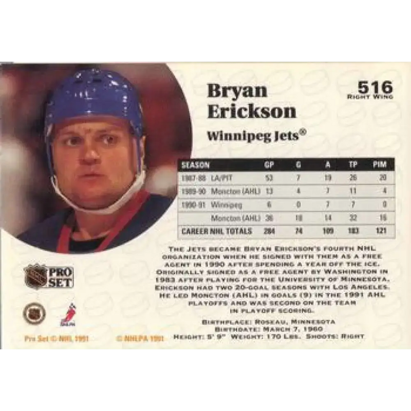1991-92 Pro Set #516 Bryan Erickson NM-MT Winnipeg Jets Hockey Card - Hockey Card Single