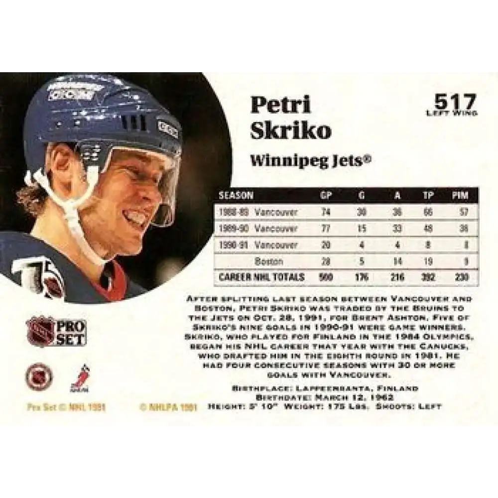 1991-92 Pro Set #517 Petri Skriko NM-MT Winnipeg Jets Hockey Card - Hockey Card Single