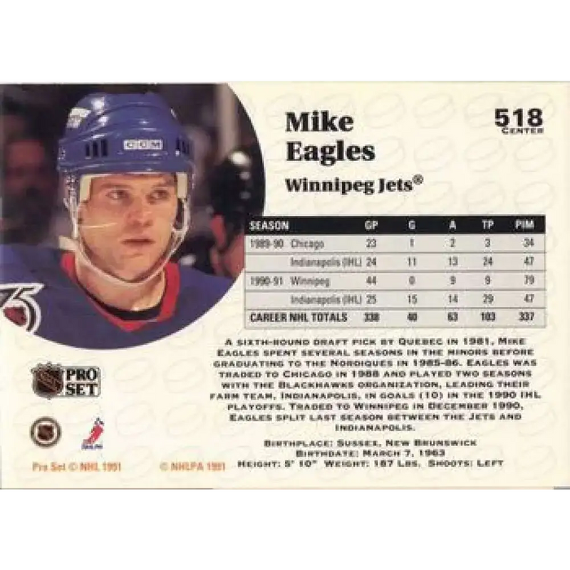 1991-92 Pro Set #518 Mike Eagles NM-MT Winnipeg Jets Hockey Card - Hockey Card Single