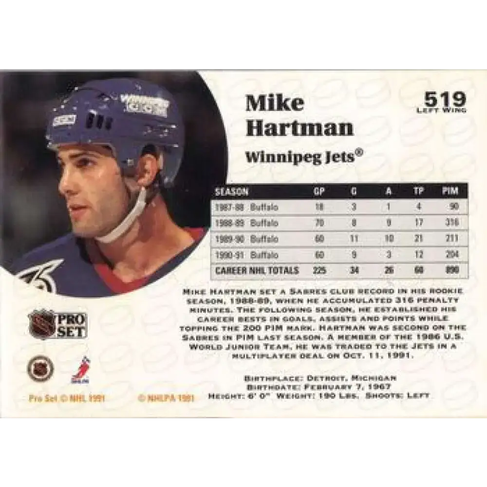 1991-92 Pro Set #519 Mike Hartman NM-MT Winnipeg Jets Hockey Card - Hockey Card Single
