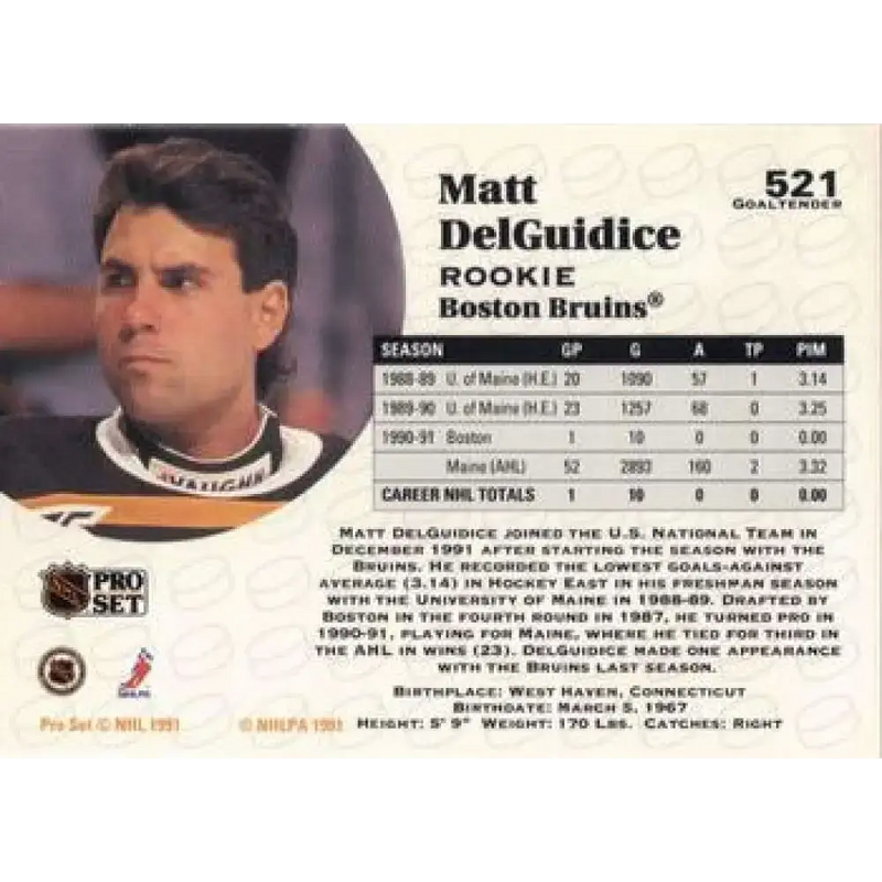 1991-92 Pro Set #521 Matt DelGuidice NM-MT Boston Bruins Hockey Card - Hockey Card Single