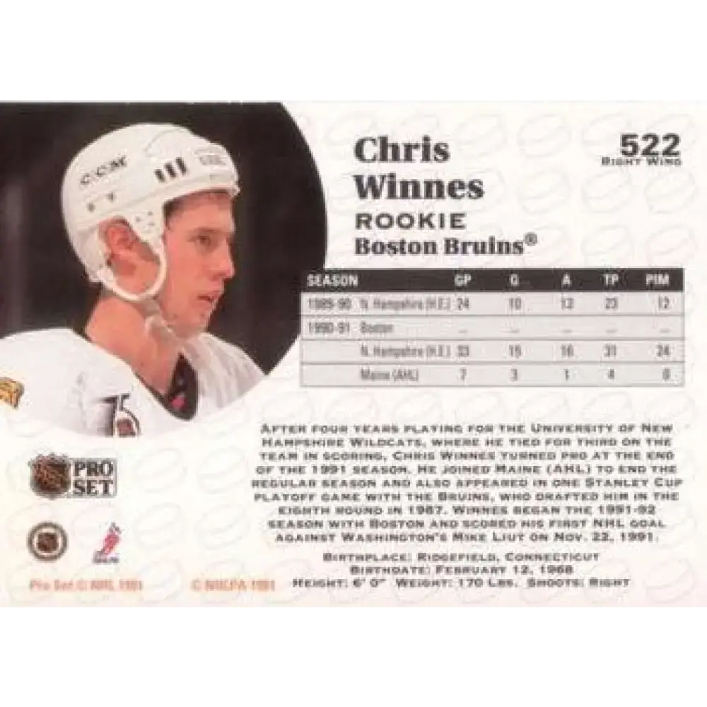 1991-92 Pro Set #522 Chris Winnes NM-MT Boston Bruins Hockey Card - Hockey Card Single