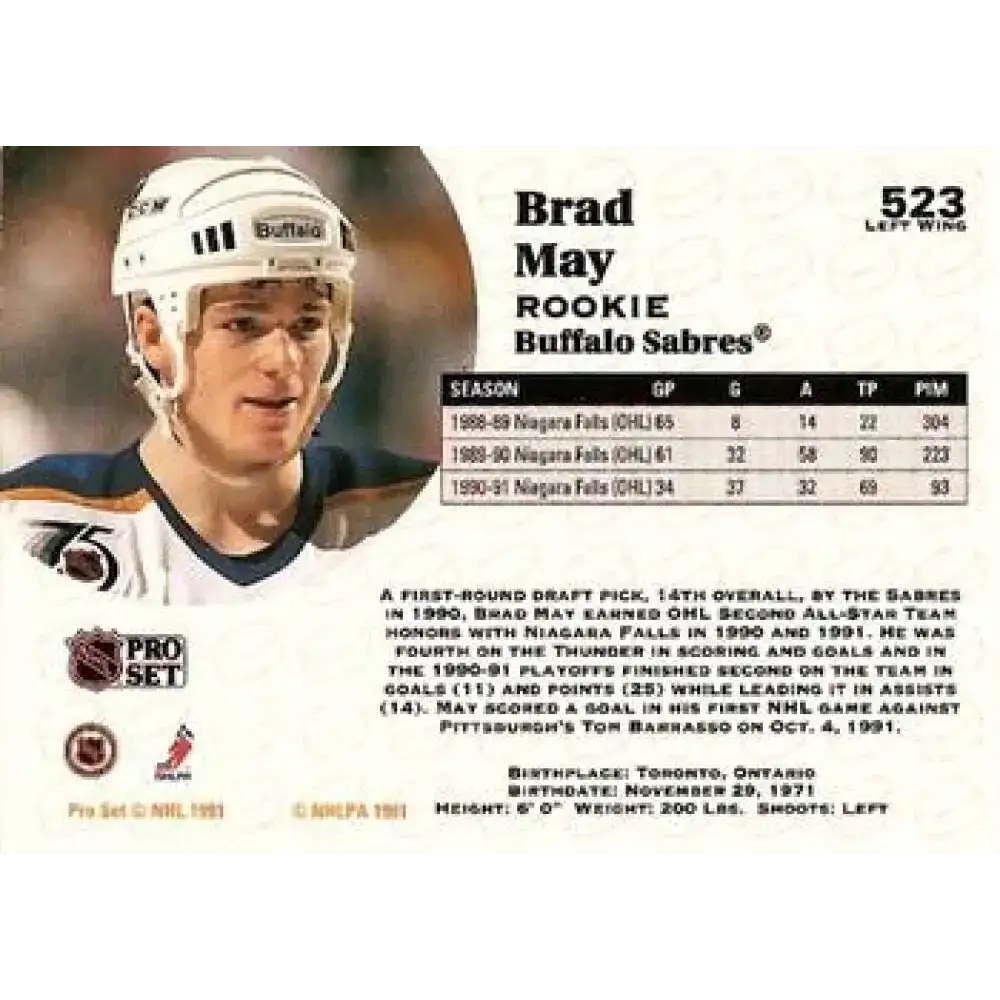 1991-92 Pro Set #523 Brad May NM-MT Buffalo Sabres Hockey Card - Hockey Card Single