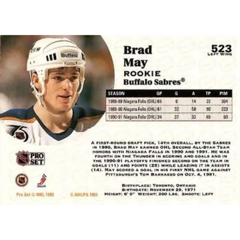 1991-92 Pro Set #523 Brad May NM-MT Buffalo Sabres Hockey Card - Hockey Card Single