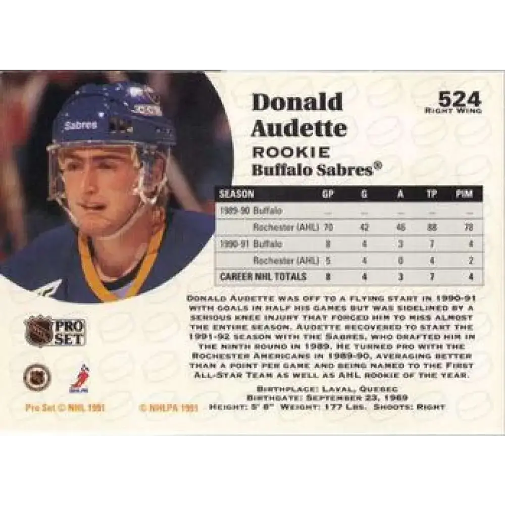 1991-92 Pro Set #524 Donald Audette NM-MT Buffalo Sabres Hockey Card - Hockey Card Single