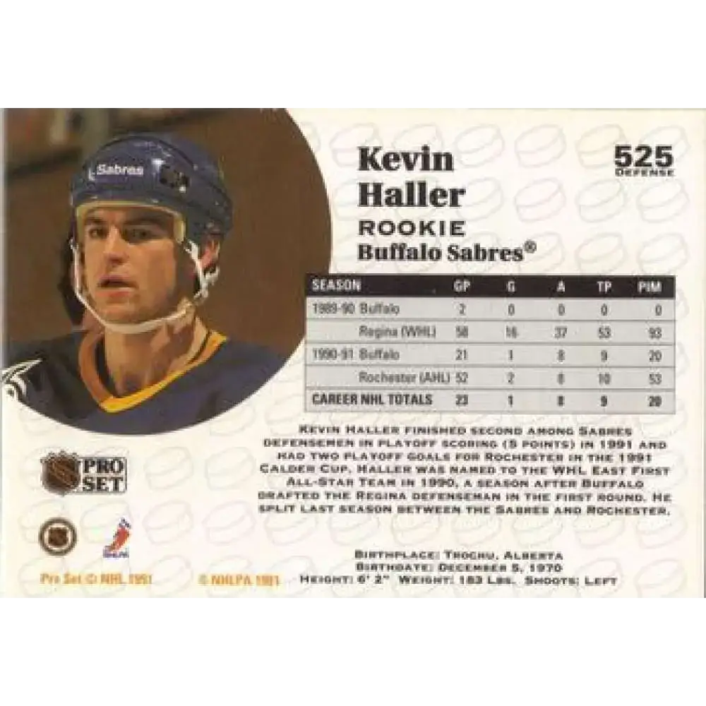 1991-92 Pro Set #525 Kevin Haller NM-MT RC Rookie Buffalo Sabres Hockey Card - Hockey Card Single