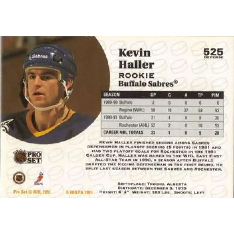 1991-92 Pro Set #525 Kevin Haller NM-MT RC Rookie Buffalo Sabres Hockey Card - Hockey Card Single