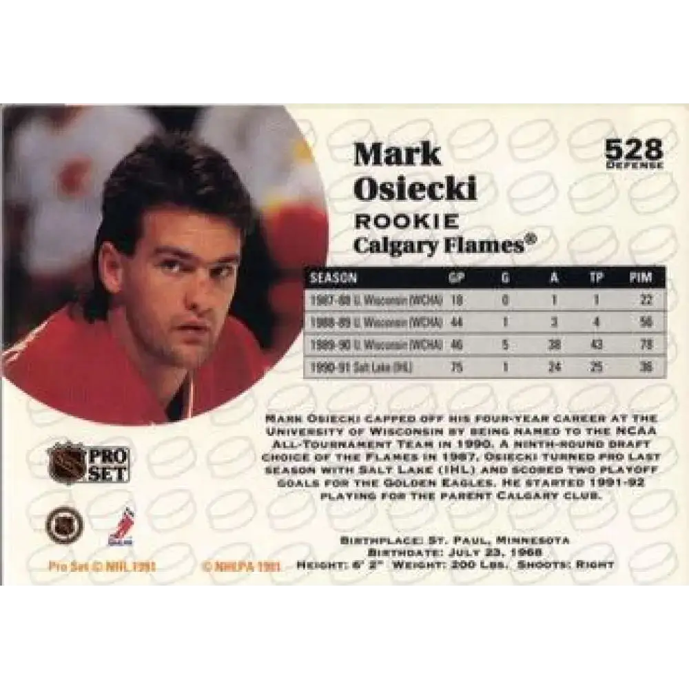 1991-92 Pro Set #528 Mark Osiecki NM-MT Calgary Flames Hockey Card - Hockey Card Single