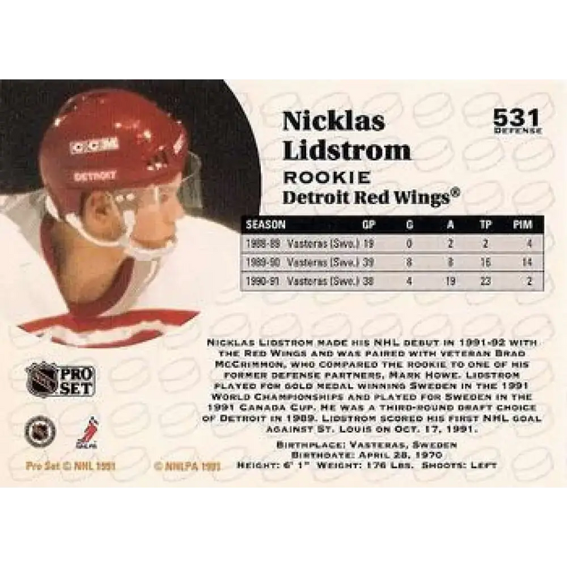 1991-92 Pro Set #531 Nicklas Lidstrom NM-MT RC Rookie Detroit Red Wings Hockey Card - Hockey Card Single