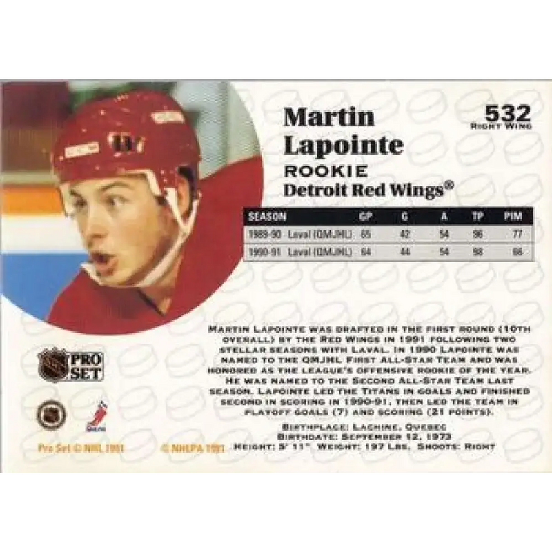 1991-92 Pro Set #532 Martin Lapointe NM-MT Detroit Red Wings Hockey Card - Hockey Card Single