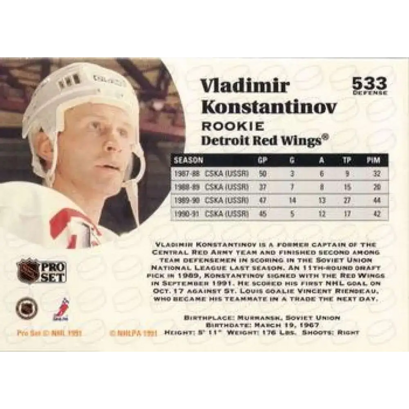 1991-92 Pro Set #533 Vladimir Konstantinov NM-MT RC Rookie Detroit Red Wings Hockey Card - Hockey Card Single
