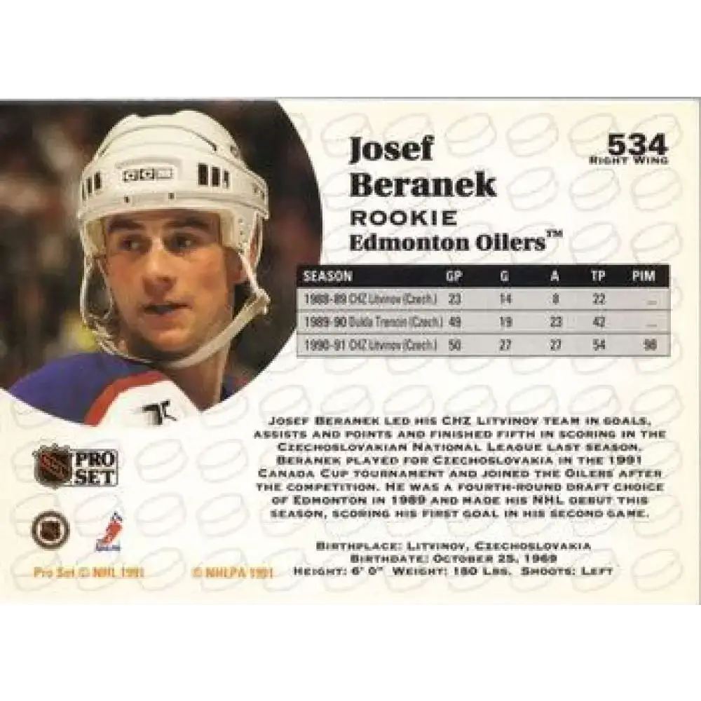 1991-92 Pro Set #534 Josef Beranek NM-MT RC Rookie Edmonton Oilers Hockey Card - Hockey Card Single