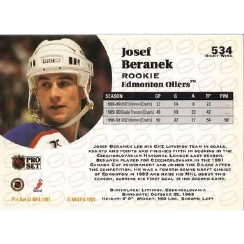 1991-92 Pro Set #534 Josef Beranek NM-MT RC Rookie Edmonton Oilers Hockey Card - Hockey Card Single
