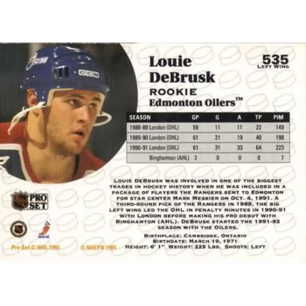 1991-92 Pro Set #535 Louie DeBrusk NM-MT RC Rookie Edmonton Oilers Hockey Card - Hockey Card Single
