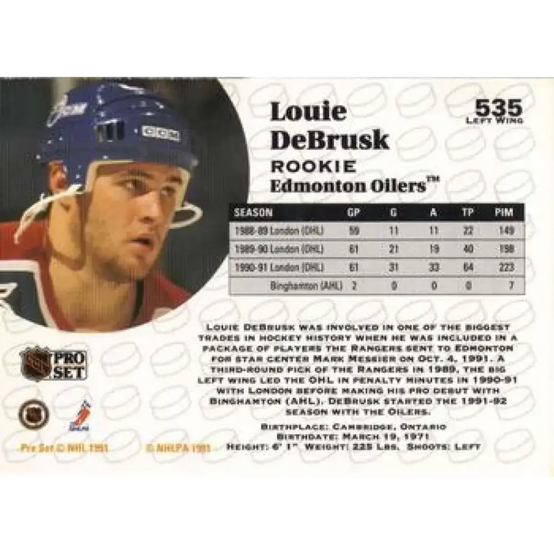 1991-92 Pro Set #535 Louie DeBrusk NM-MT RC Rookie Edmonton Oilers Hockey Card - Hockey Card Single