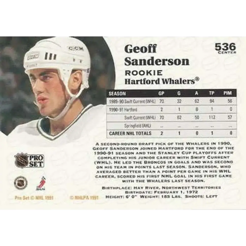 1991-92 Pro Set #536 Geoff Sanderson NM-MT RC Rookie Hartford Whalers Hockey Card - Hockey Card Single