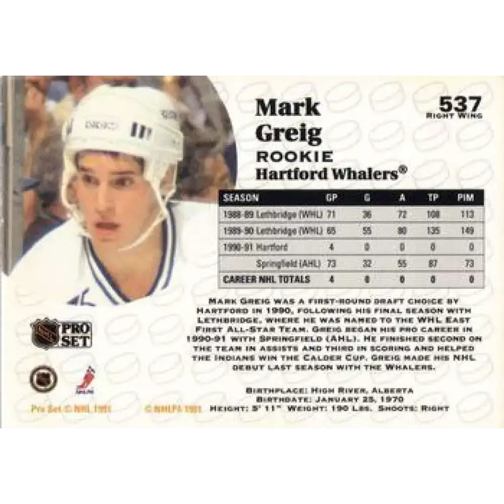 1991-92 Pro Set #537 Mark Greig NM-MT Hartford Whalers Hockey Card - Hockey Card Single