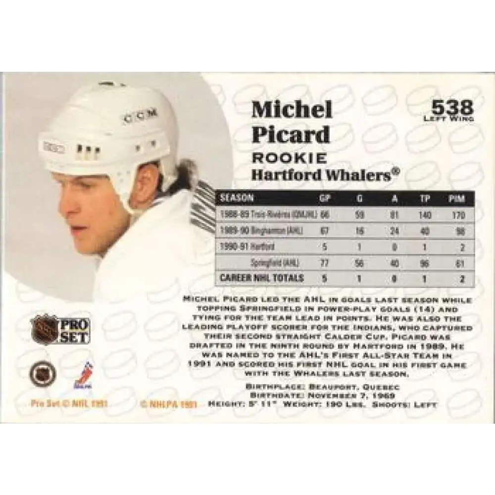 1991-92 Pro Set #538 Michel Picard NM-MT RC Rookie Hartford Whalers Hockey Card - Hockey Card Single