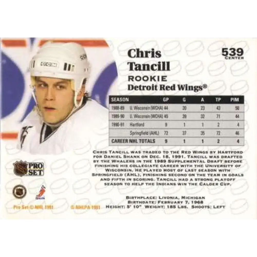 1991-92 Pro Set #539 Chris Tancill NM-MT RC Rookie Hartford Whalers Hockey Card - Hockey Card Single