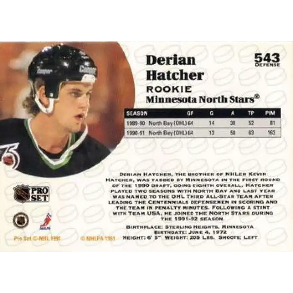 1991-92 Pro Set #543 Derian Hatcher NM-MT Minnesota North Stars Hockey Card - Hockey Card Single