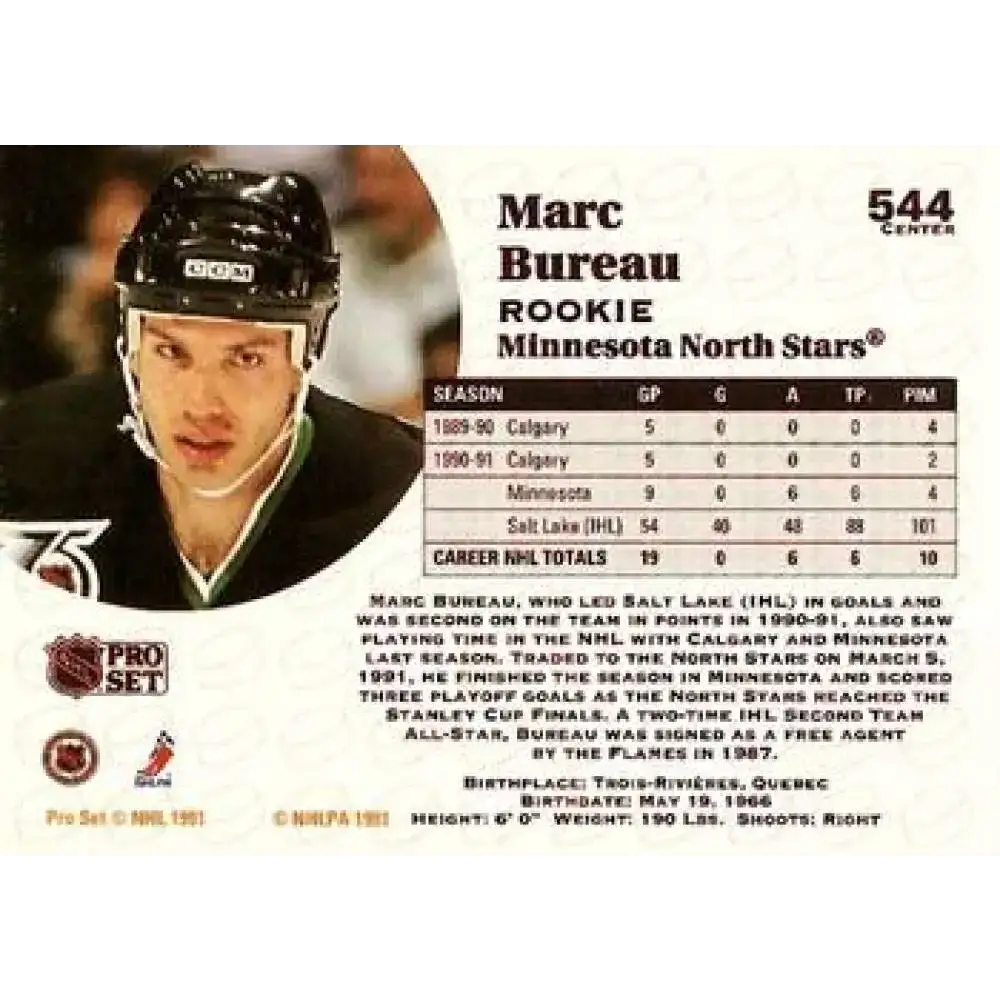 1991-92 Pro Set #544 Marc Bureau NM-MT Minnesota North Stars Hockey Card - Hockey Card Single