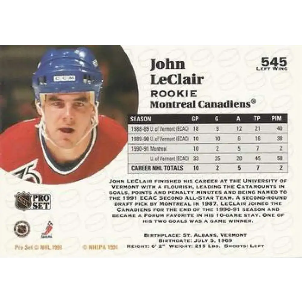 1991-92 Pro Set #545 John LeClair NM-MT RC Rookie Montreal Canadiens Hockey Card - Hockey Card Single