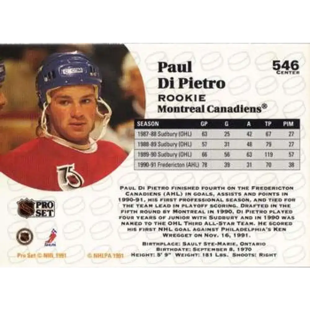 1991-92 Pro Set #546 Paul DiPietro NM-MT RC Rookie Montreal Canadiens Hockey Card - Hockey Card Single