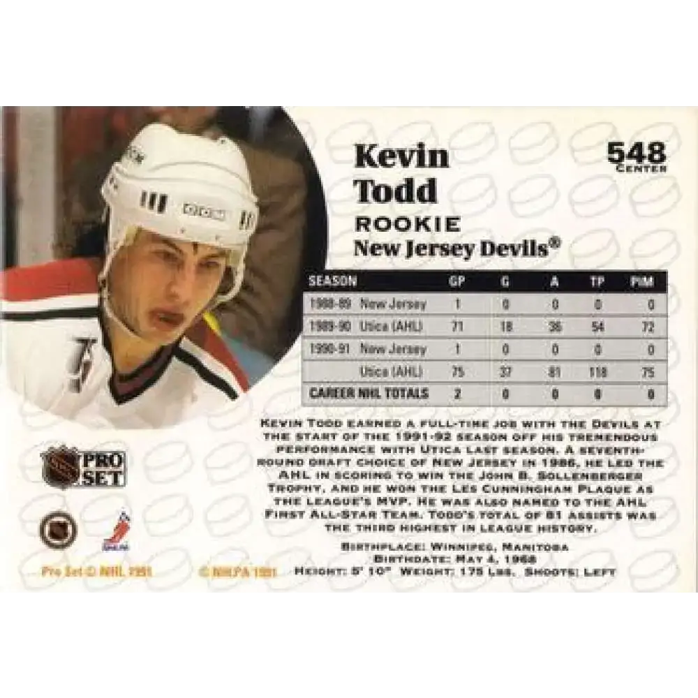 1991-92 Pro Set #548 Kevin Todd NM-MT RC Rookie New Jersey Devils Hockey Card - Hockey Card Single