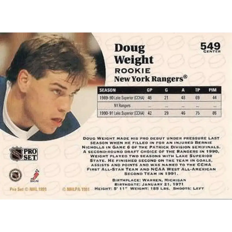 1991-92 Pro Set #549 Doug Weight NM-MT RC Rookie New York Rangers Hockey Card - Hockey Card Single