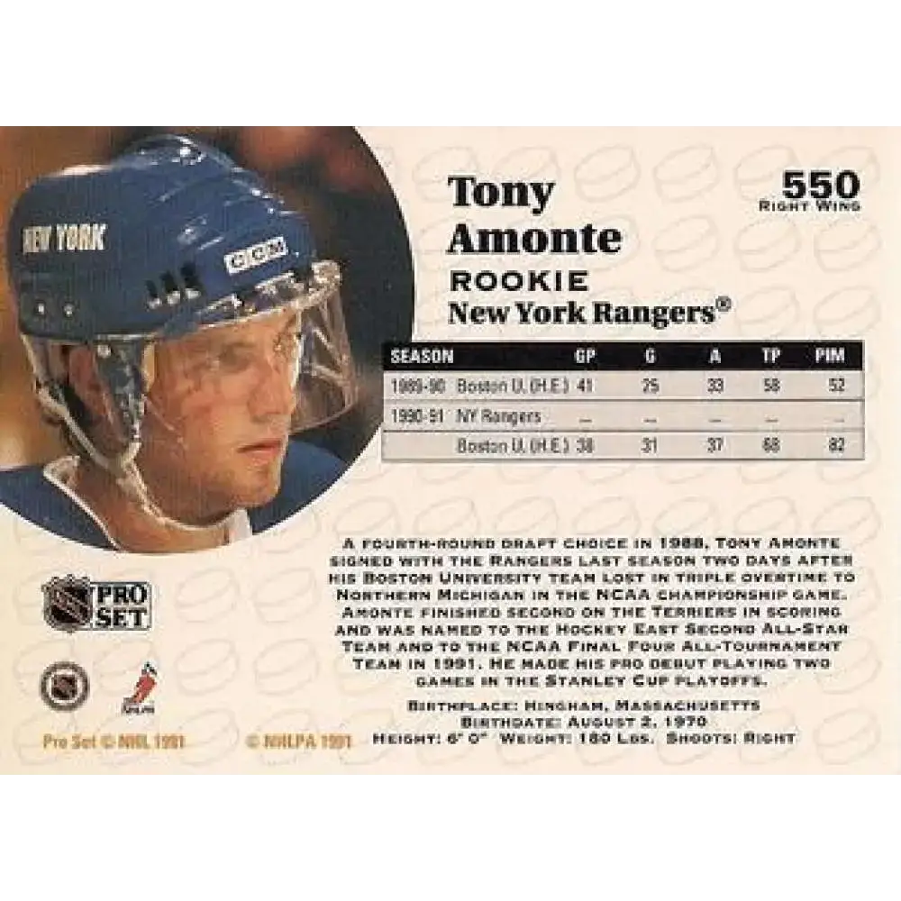 1991-92 Pro Set #550 Tony Amonte NM-MT RC Rookie New York Rangers Hockey Card - Hockey Card Single