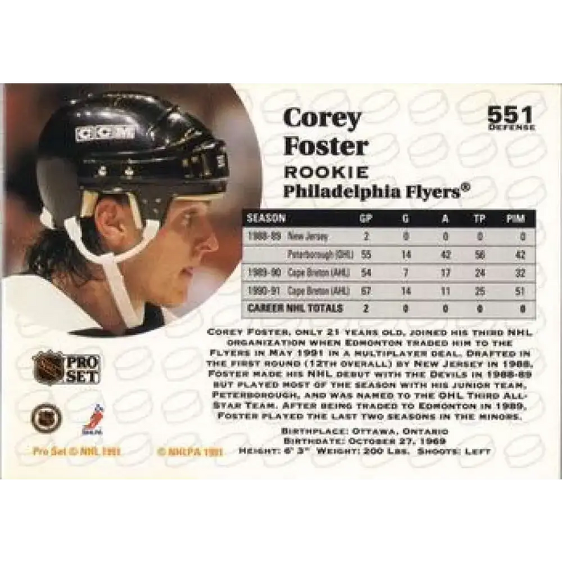 1991-92 Pro Set #551 Corey Foster NM-MT RC Rookie Philadelphia Flyers Hockey Card - Hockey Card Single