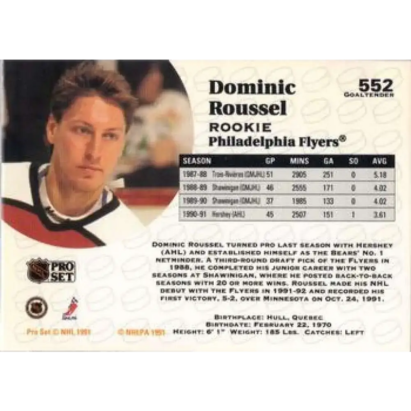 1991-92 Pro Set #552 Dominic Roussel NM-MT RC Rookie Philadelphia Flyers Hockey Card - Hockey Card Single