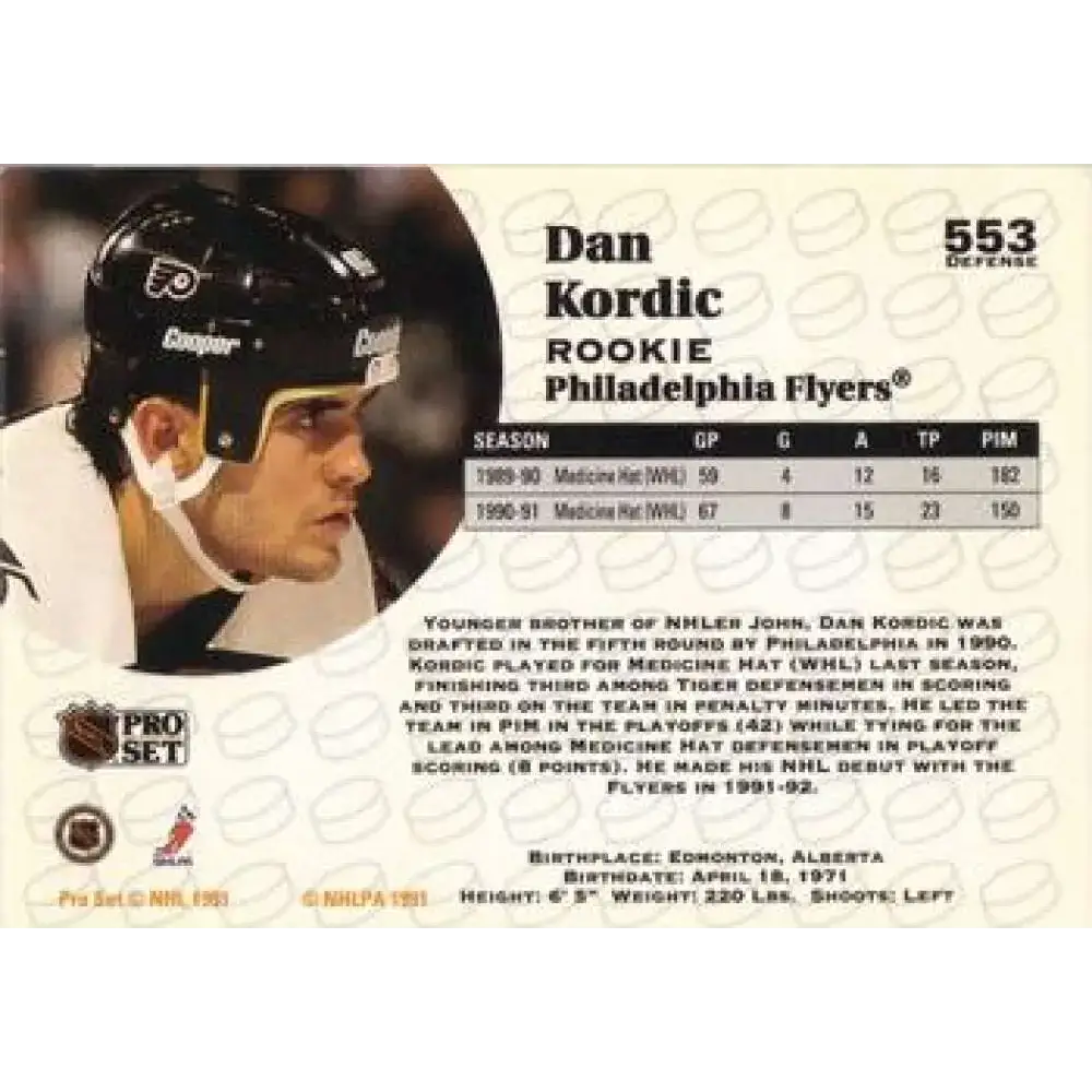 1991-92 Pro Set #553 Dan Kordic NM-MT RC Rookie Philadelphia Flyers Hockey Card - Hockey Card Single