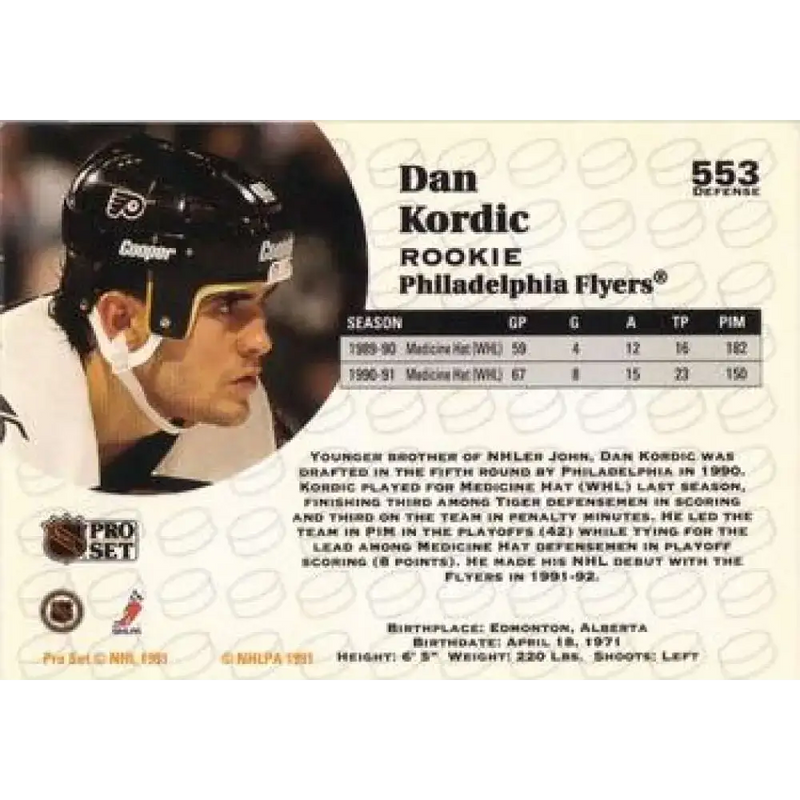 1991-92 Pro Set #553 Dan Kordic NM-MT RC Rookie Philadelphia Flyers Hockey Card - Hockey Card Single