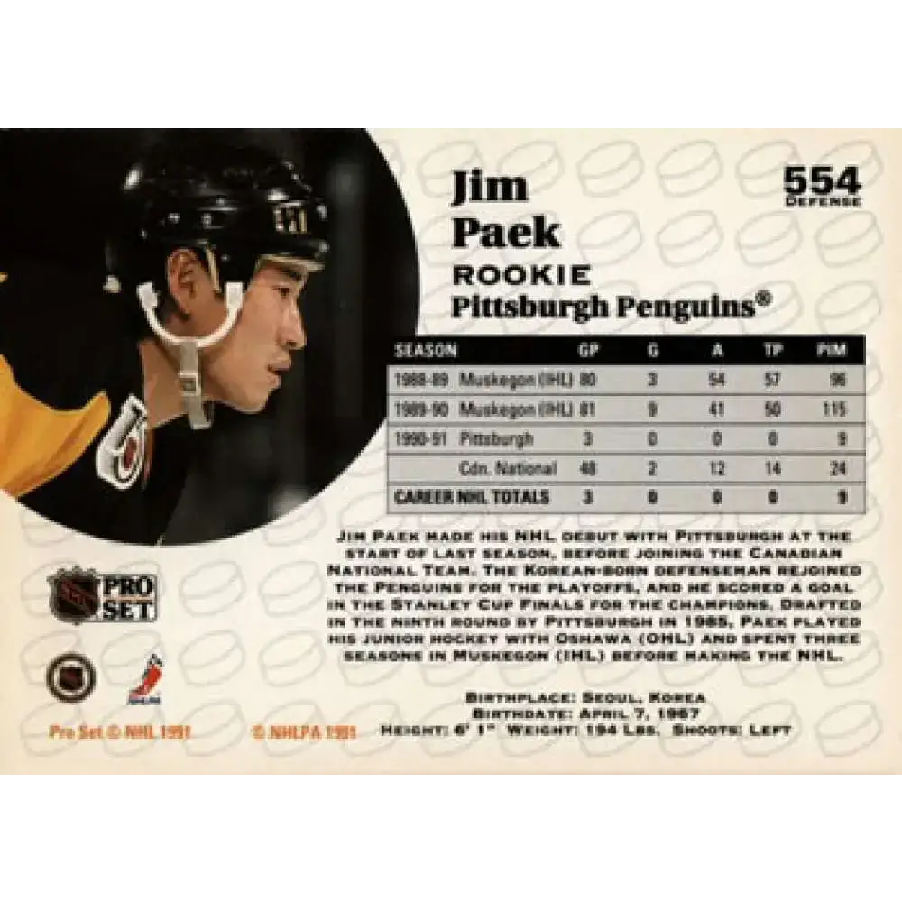 1991-92 Pro Set #554 Jim Paek NM-MT RC Rookie Pittsburgh Penguins Hockey Card - Hockey Card Single