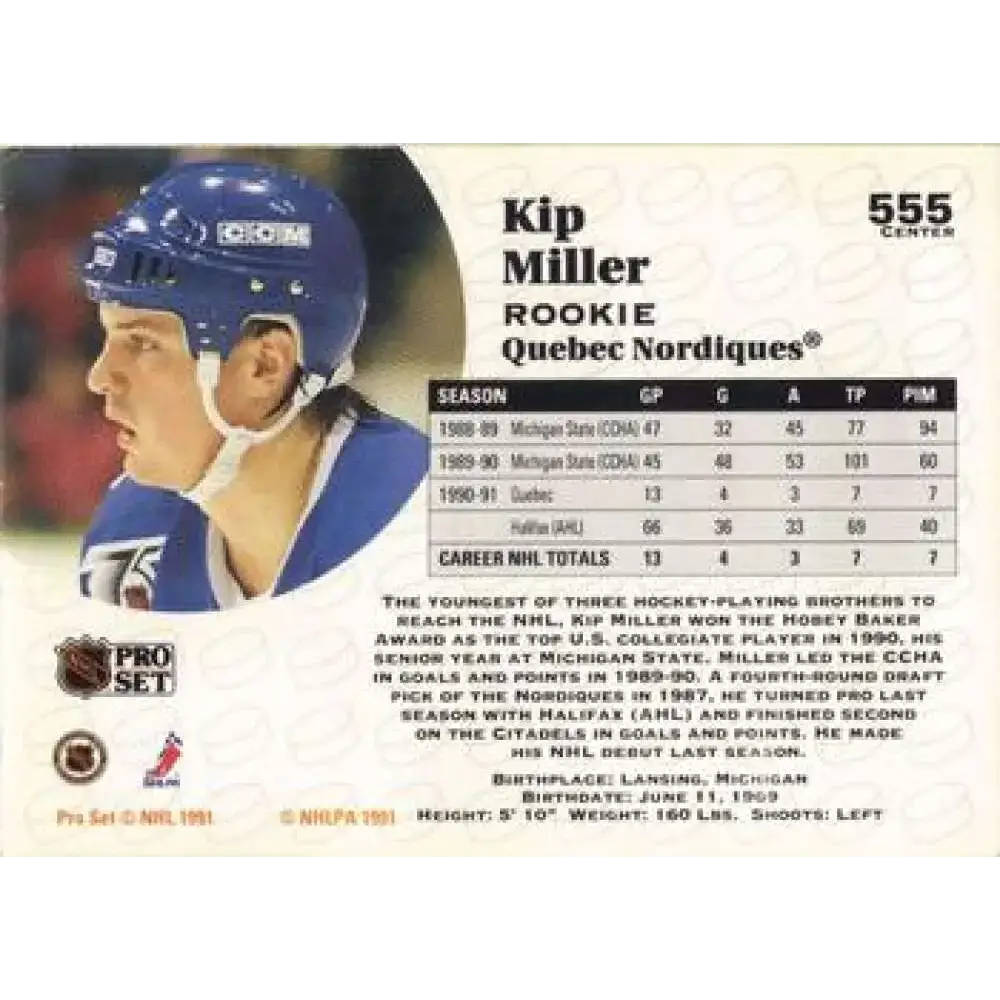 1991-92 Pro Set #555 Kip Miller NM-MT Quebec Nordiques Hockey Card - Hockey Card Single