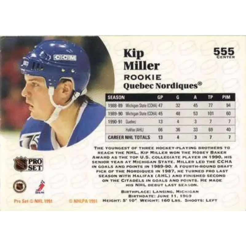 1991-92 Pro Set #555 Kip Miller NM-MT Quebec Nordiques Hockey Card - Hockey Card Single