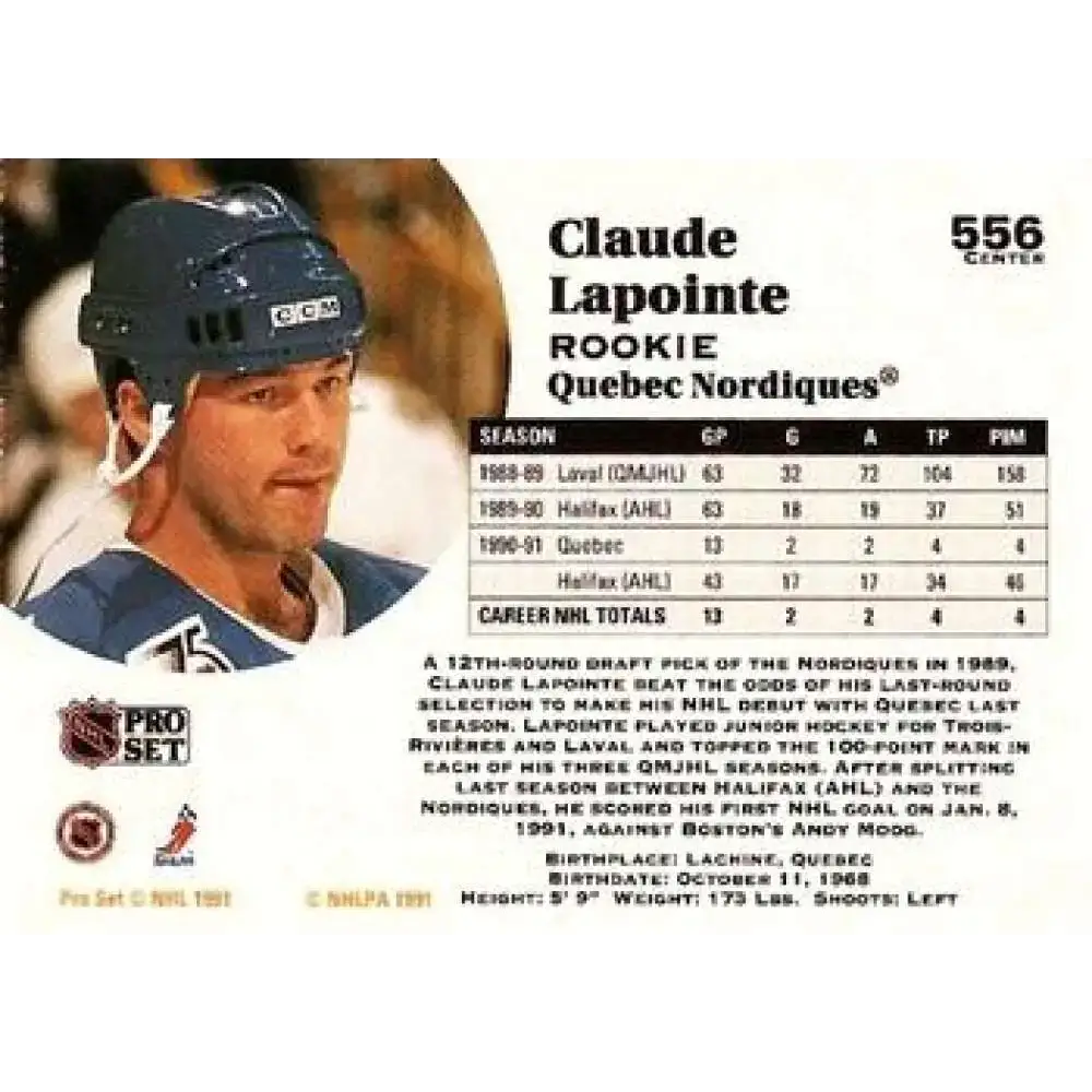 1991-92 Pro Set #556 Claude Lapointe NM-MT RC Rookie Quebec Nordiques Hockey Card - Hockey Card Single