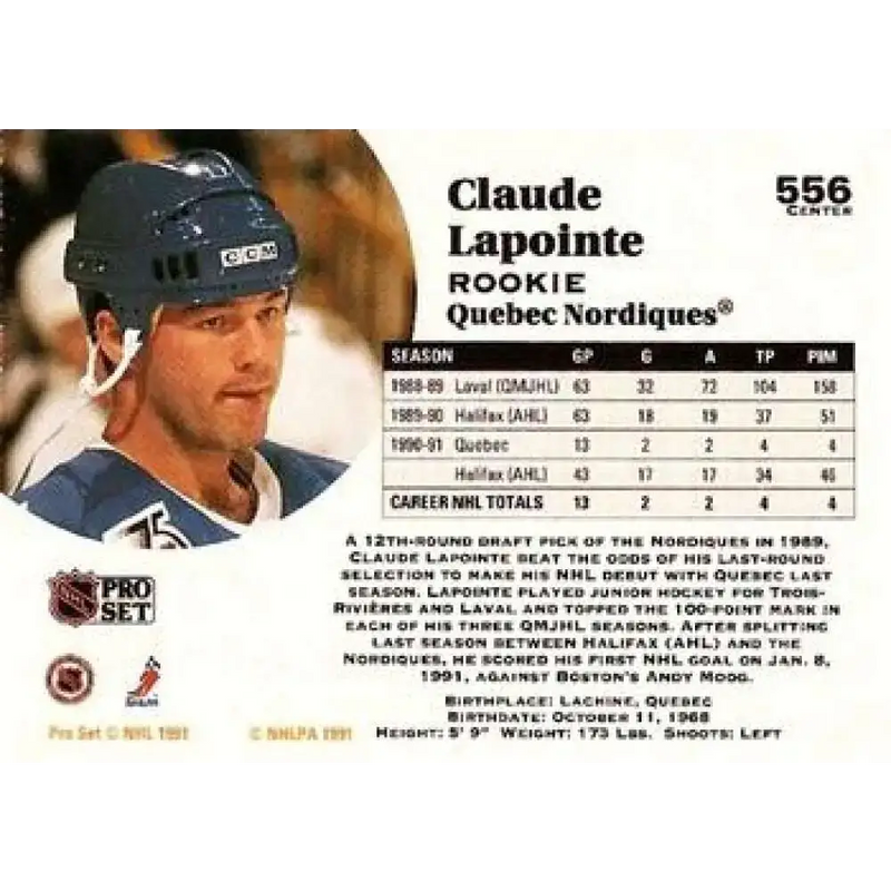 1991-92 Pro Set #556 Claude Lapointe NM-MT RC Rookie Quebec Nordiques Hockey Card - Hockey Card Single