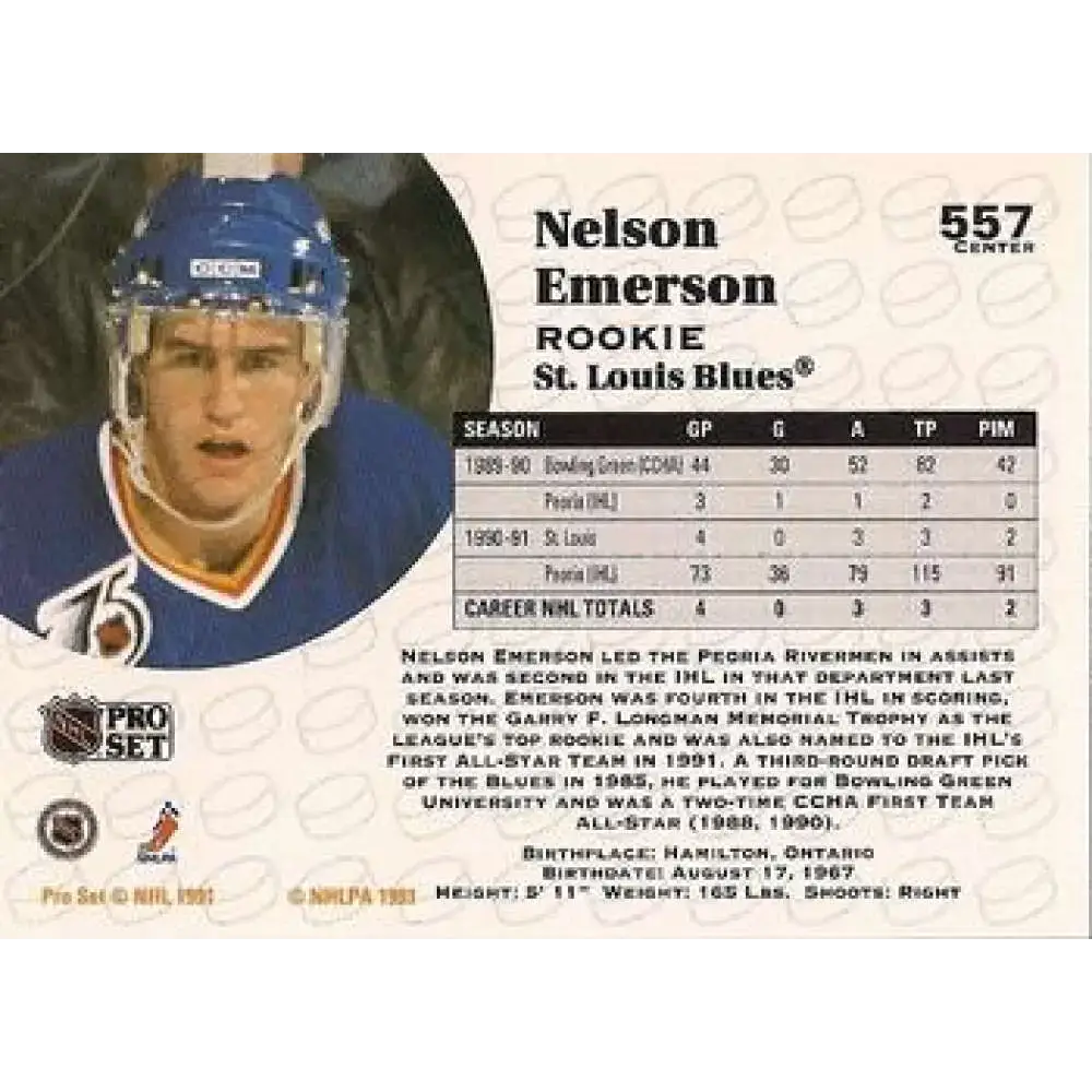 1991-92 Pro Set #557 Nelson Emerson NM-MT St. Louis Blues Hockey Card - Hockey Card Single