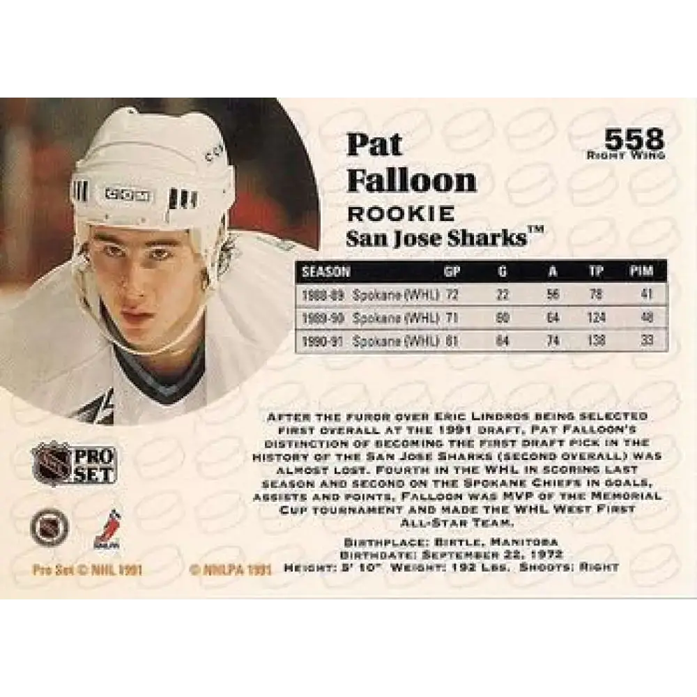 1991-92 Pro Set #558 Pat Falloon NM-MT San Jose Sharks Hockey Card - Hockey Card Single
