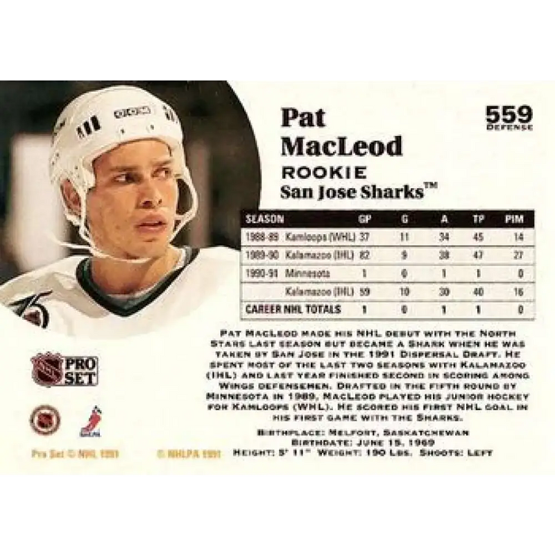 1991-92 Pro Set #559 Pat MacLeod NM-MT RC Rookie San Jose Sharks Hockey Card - Hockey Card Single