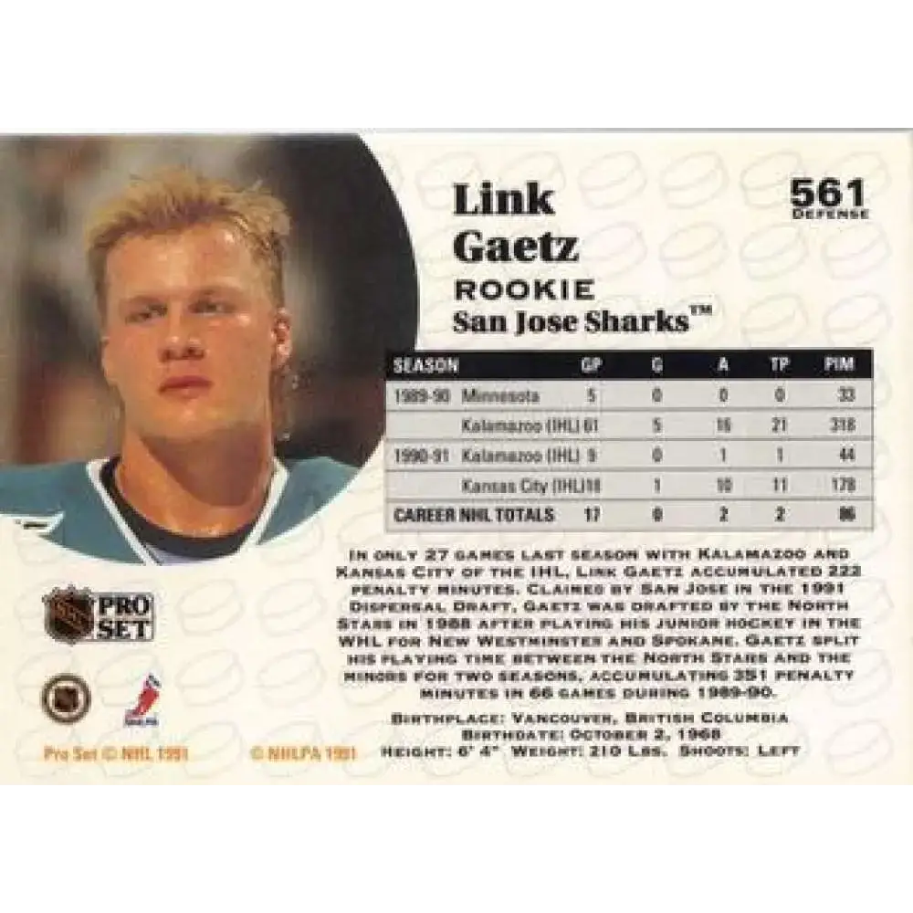 1991-92 Pro Set #561 Link Gaetz NM-MT San Jose Sharks Hockey Card - Hockey Card Single